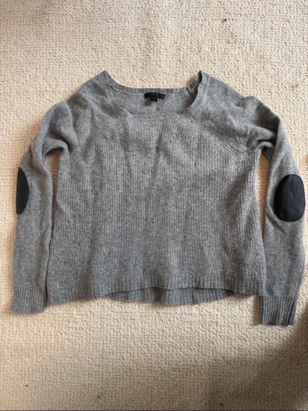 J Crew Gray Crewneck Sweater with Black Elbow Patches - READ LISTING